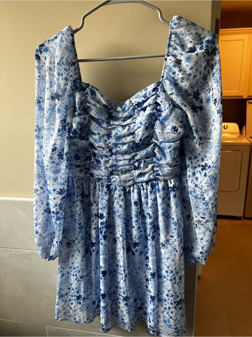 Crystal Doll Blue Floral Ruched Long-Sleeve Mini Dress